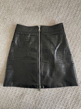 Ronny Kobo Black Faux Leather A-Line Mini Skirt with Center Zip